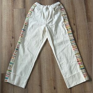 POL Rainbow Jeans – Cream Wide-Leg Jeans w/ Colorful Stripe Stitching Size Large